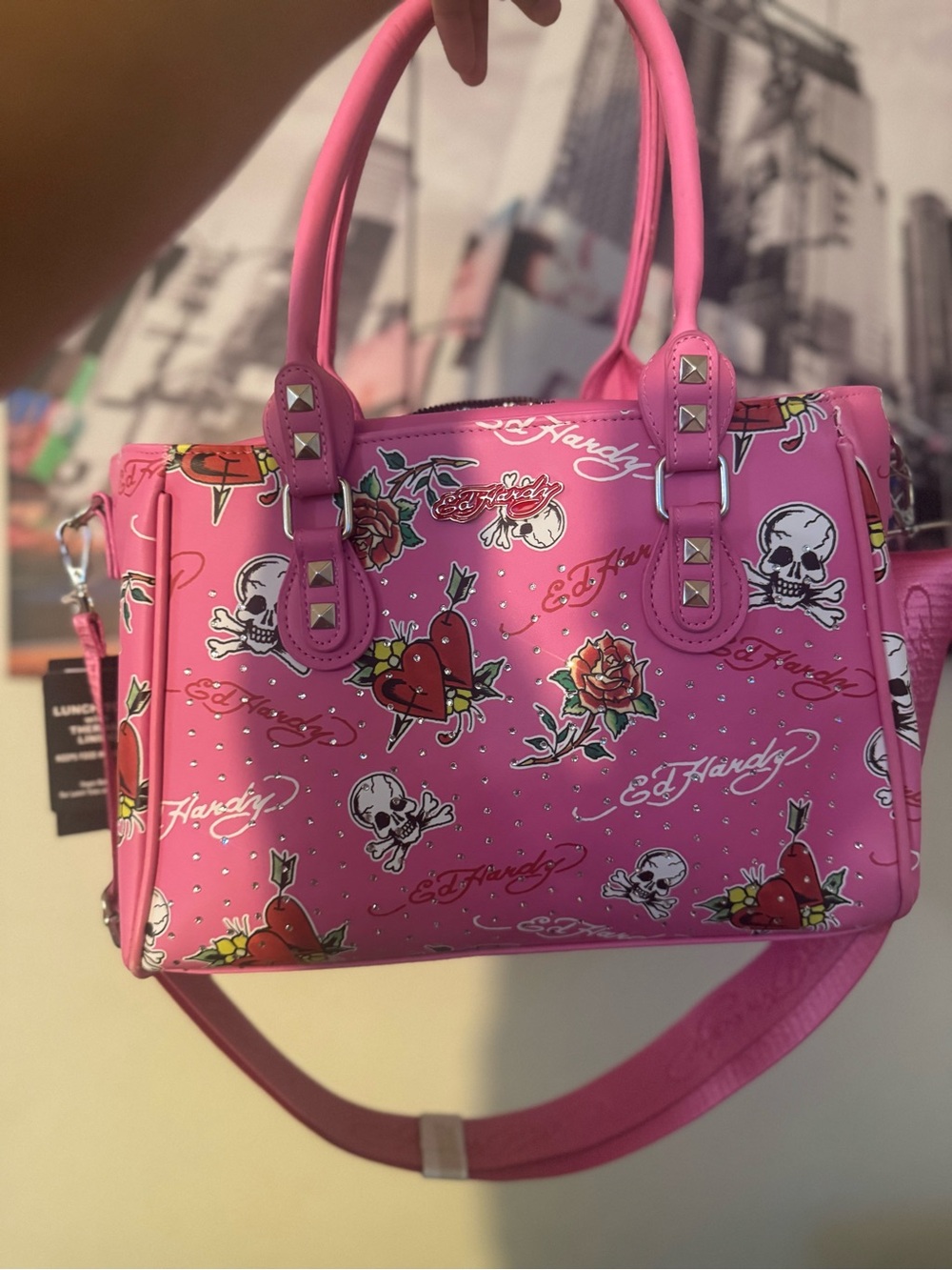 Pink Ed Hardy Y2K Skull & Rose Satchel Bag